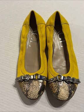 AGL Yellow Leather Ballet Flats, Snakeskin Cap Toe, Bronze Buckle size 37.5 | 7
